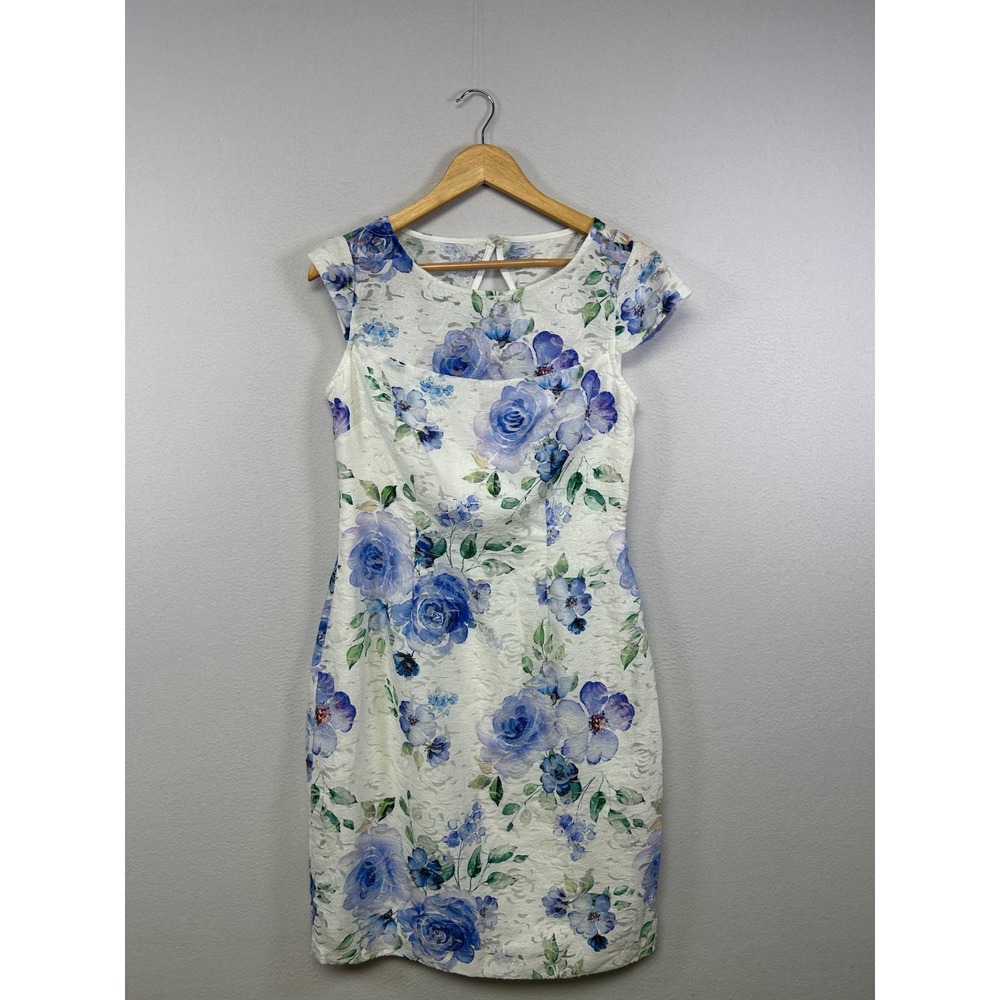 Floral Romantic Adrianna Papell Womens 8 White Blue Lace Cap Sleeve Sheath Dress